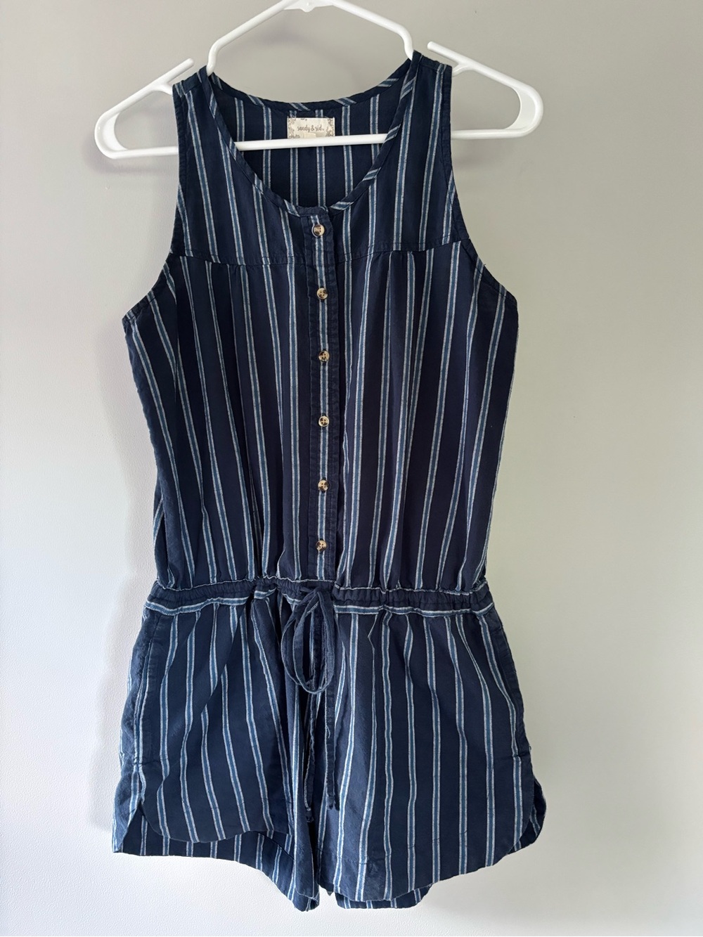 Sandy & Sid Navy Striped Button-Front Cotton Romper